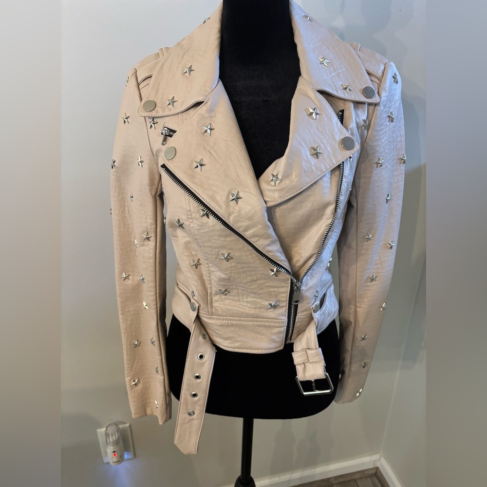 bebe Brand New Nude Taupe Star Studded Vegan Leather Jacket in XS.